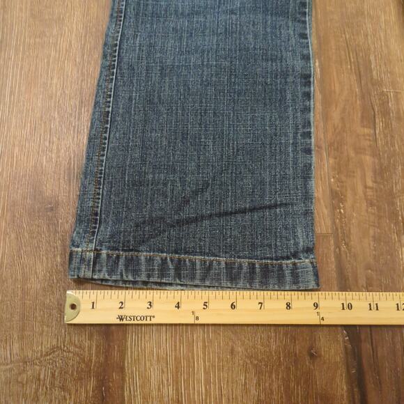 Y2K Hipster Women's Size 32x29 Flared Jeans Denim Blue Whiskered Wide Leg - Picture 6 of 9